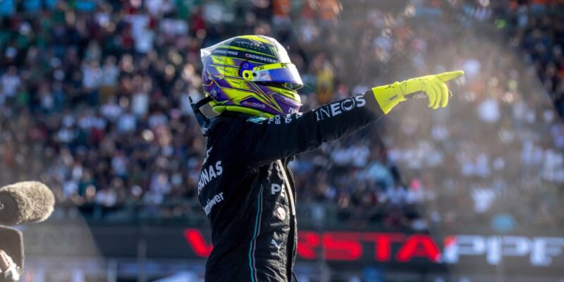 Lewis Hamilton celebrating his podium at the 2023 Mexican Grand Prix
