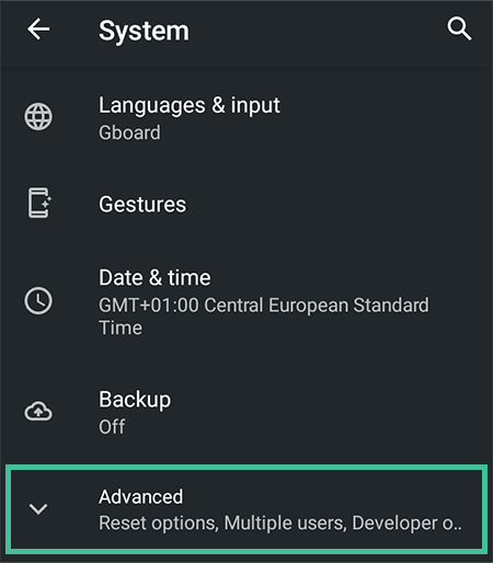 Screenshot of Android phone, system settings