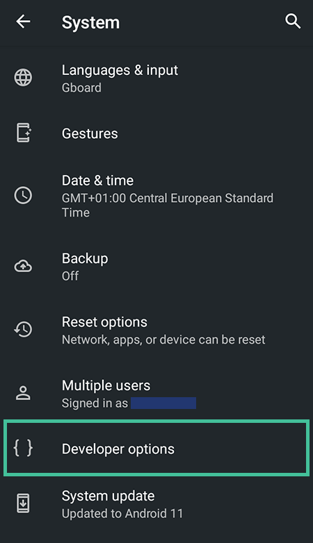 Screenshot of Android phone, System settings unfolded