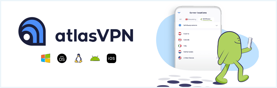 Banner with the AtlasVPN logo and supported operating systems