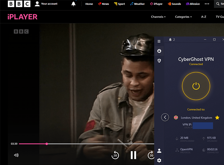 Screenshot of BBC iPlayer with CyberGhost VPN connected to US server