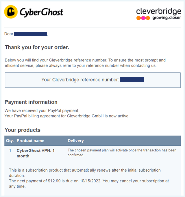 Screenshot of CyberGhost, Cleverbridge email after purchase