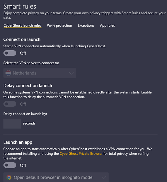 Screenshot of CyberGhost, launch rules