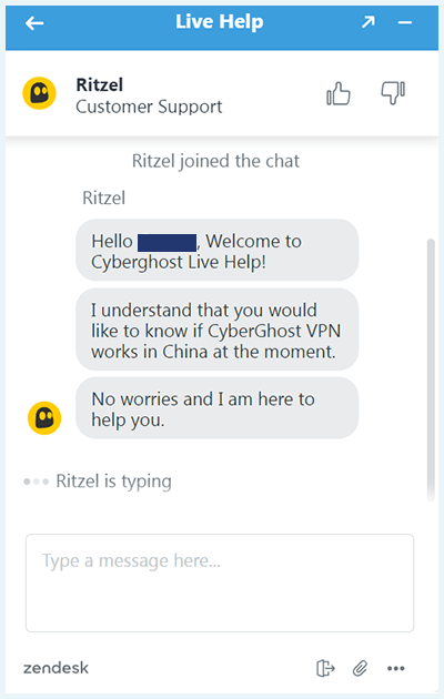 Screenshot of CyberGhost, live chat