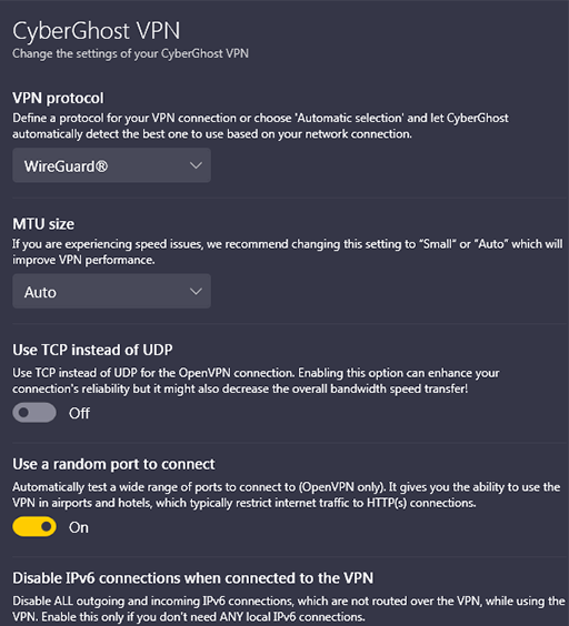 Screenshot of CyberGhost, VPN settings