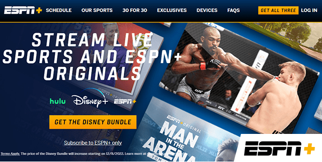 Screenshot of ESPN+, homepage