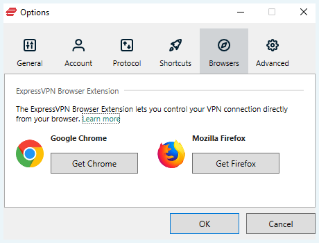 Screenshot of ExpressVPN, Extensions