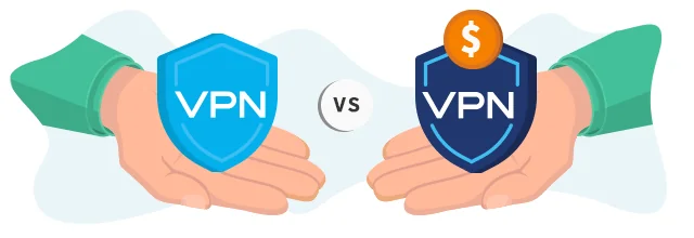 Hands holding VPN shield icons, free vs paid VPN with white background