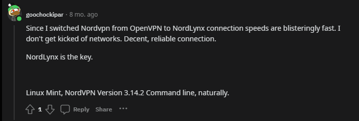 Screenshot of Reddit comments on r/nordvpn talking about switching from OpenVPN to NordLynx