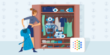 Woman standing in front of an open closet, robot hiding inside of it, Google AI logo