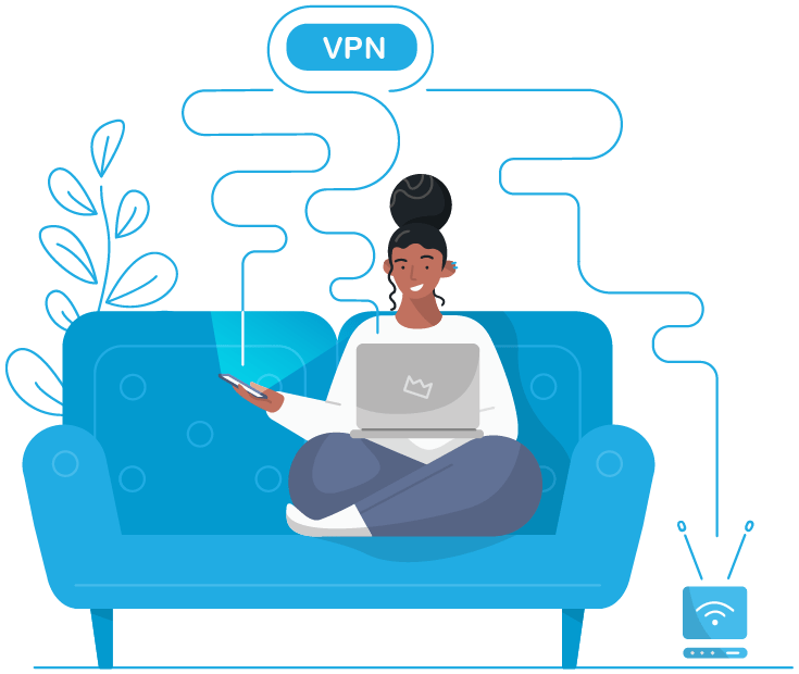 Woman sitting on a couch with a laptop and smartphone connected to a VPN router