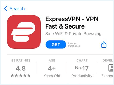 Screenshot of iPhone app store, ExpressVPN