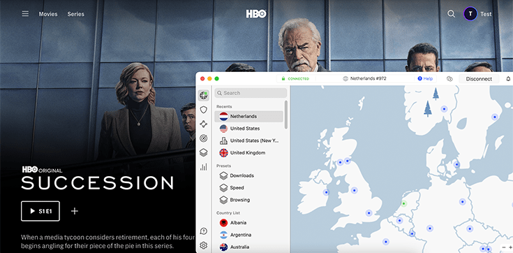 Screenshot showing NordVPN unblocking HBO Max
