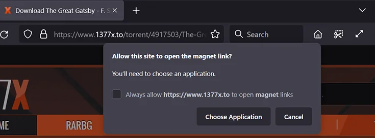 Screenshot of torrent website, showing example of how to open magnet link