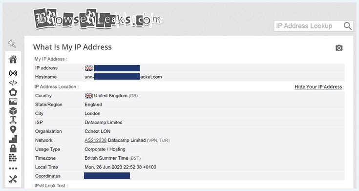 Screenshot of PIA, IP address leak test, June 2023