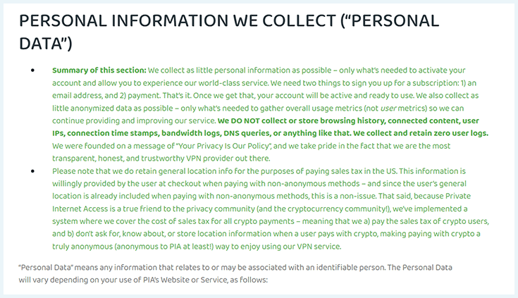 Screenshot of PIA, Privacy Policy