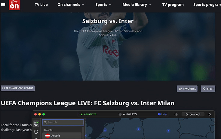 Screenshot of the FC Salzburg vs. Inter Milan landing page on Servus TV with NordVPN in the background.