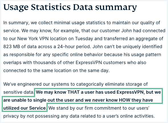 ExpressVPN privacy policy highlighting text that ExpressVPN doesn't know how users utilized their service