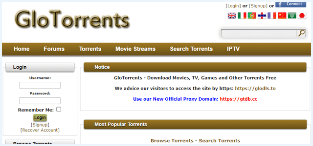 Homepage of the torrent website GloTorrents