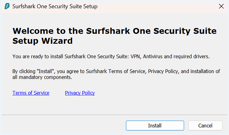 Screenshot of Surfshark, installation wizard