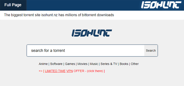 Homepage of the torrent website IsoHunt