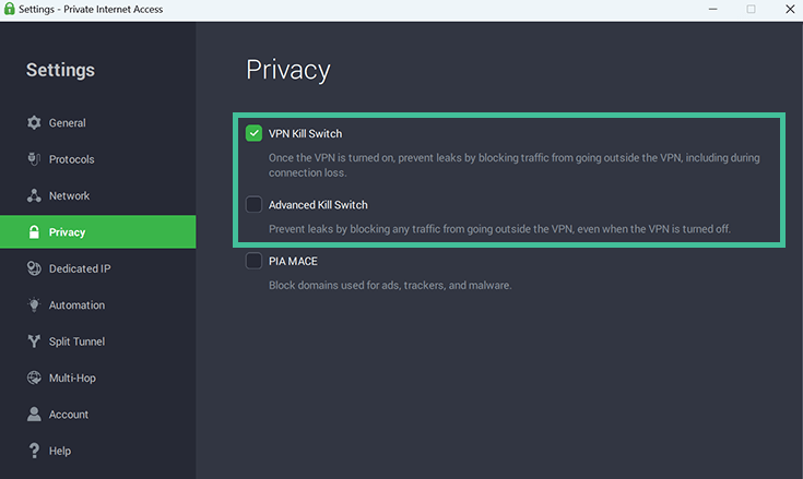 Screenshot of PIA, privacy settings, Kill switch option highlighted