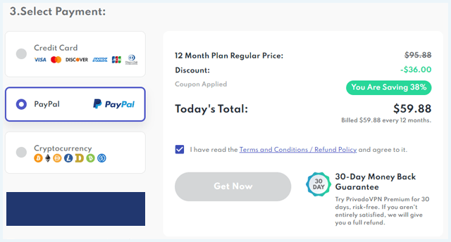 PrivadoVPN's buyout page with payment methods