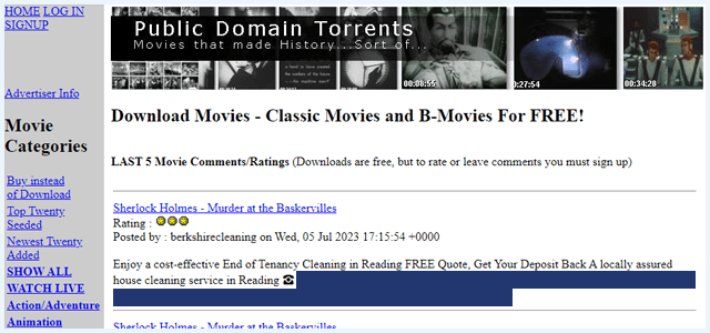 Homepage of the torrent website Public Domain Torrents