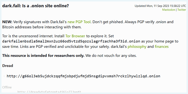 Dark.Fail dark web site homepage
