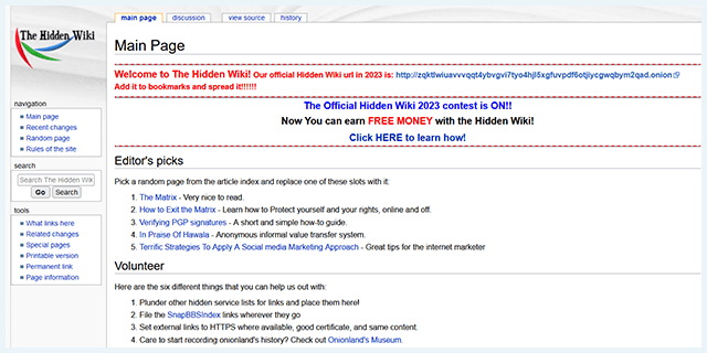 The Hidden Wiki dark web site homepage