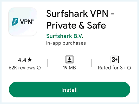 Screenshot of Android app store, Surfshark VPN