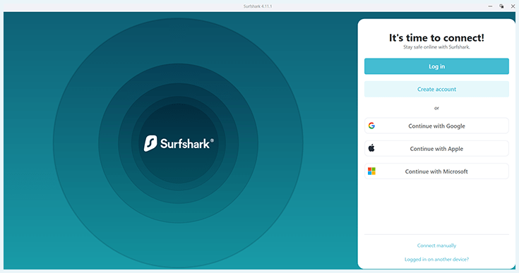 Screenshot of Surfshark, app login page