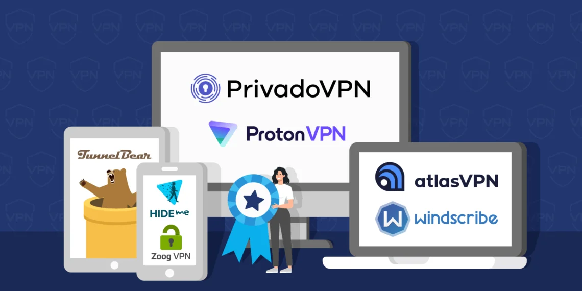 Multiple devices with logos of different VPN providers on their screens and a woman holding champion badge
