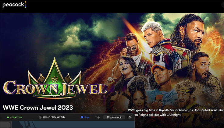 Peacock TV's Crown Jewel 2023 landing page with NordVPN running in the background.